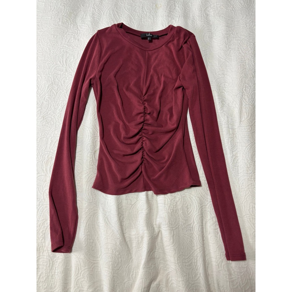 Lulus Burgundy Ruched Front Long Sleeve Top Crew Neck Wine Red Size M